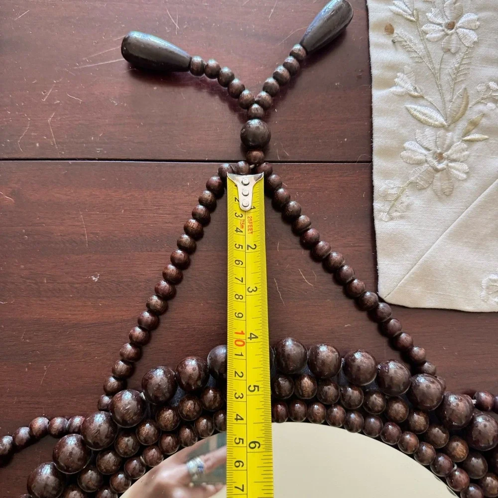 Vintage Hanging Wooden Beaded Round Mirror 1970s Boho Chic Eclectic Accent Wall